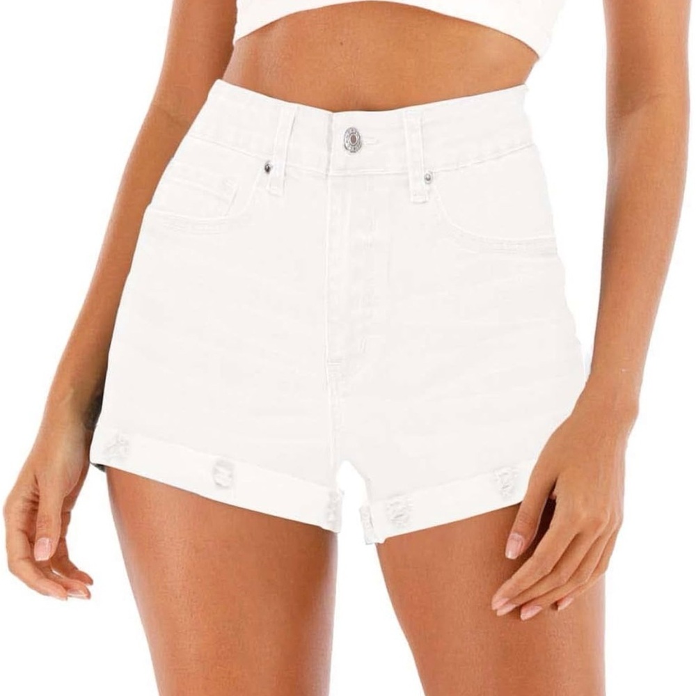 Women's White High Waisted Stretchy Denim Shorts - Size 10 (run small)